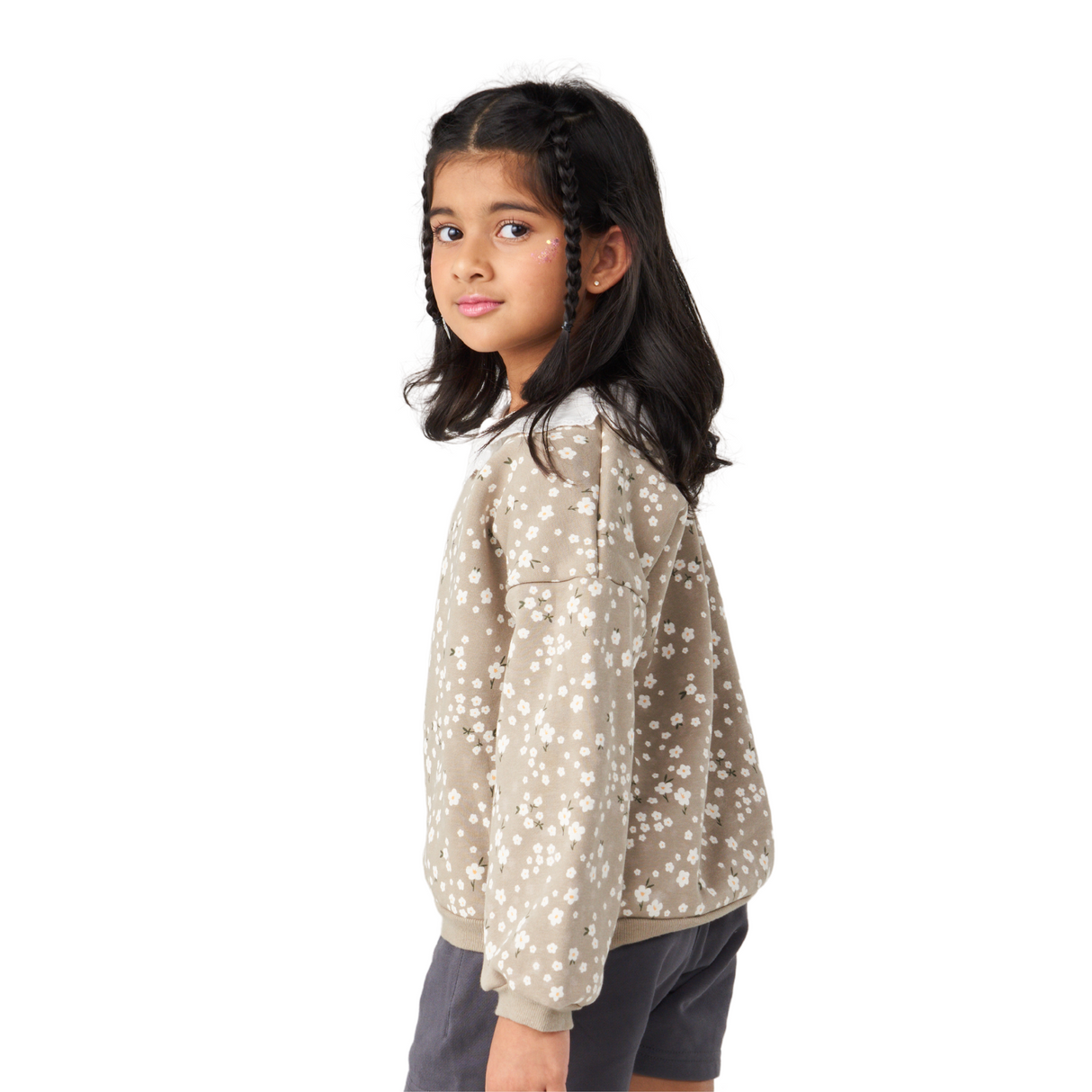 Daisy Print Sweatshirt with Lace Collar – Taupe