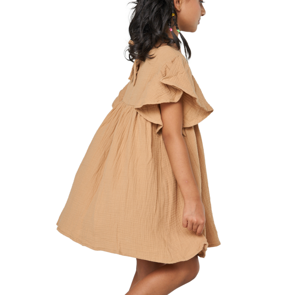 Flutter Sleeve Cotton Dress – Camel