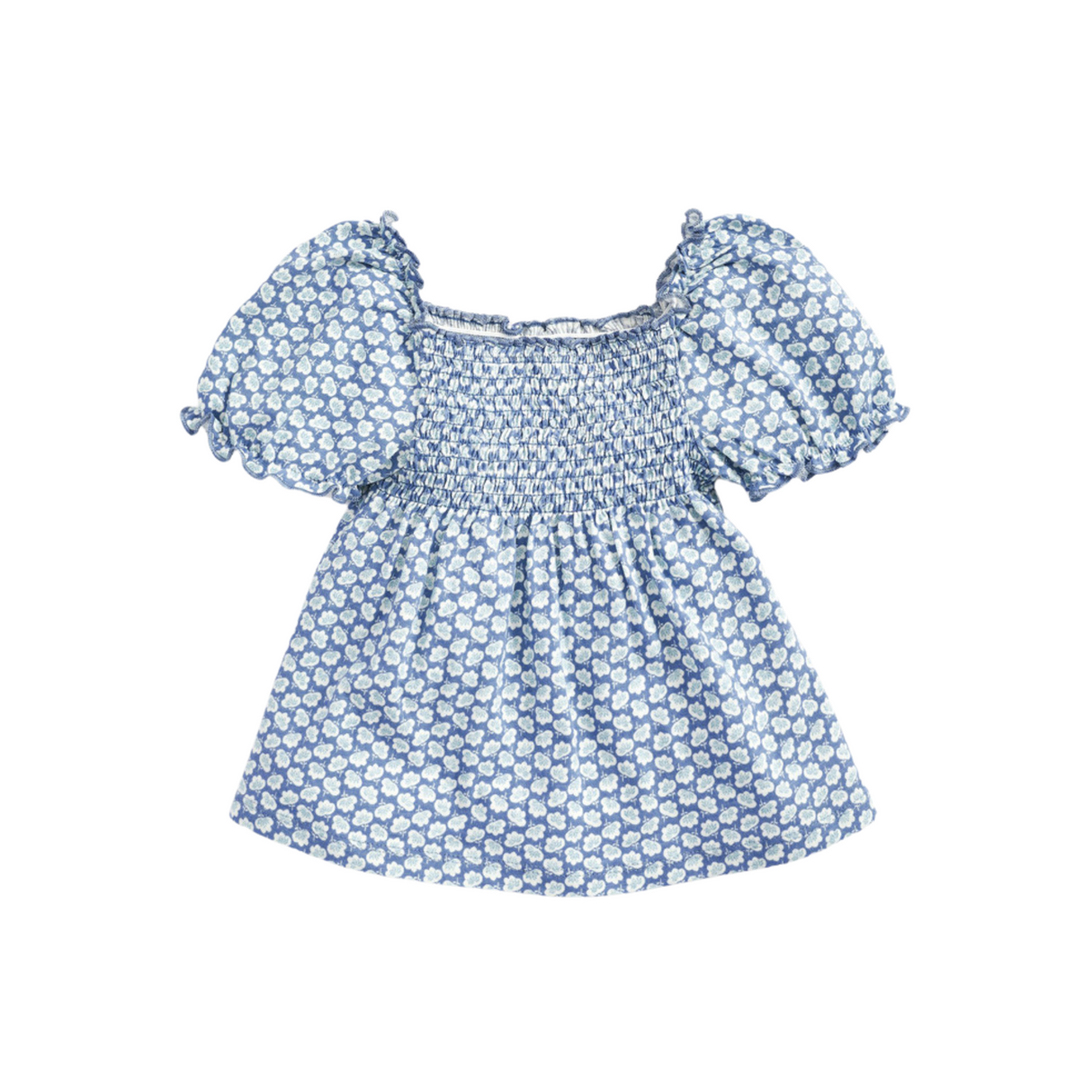 Blue Smocked Puff-Sleeve Romper