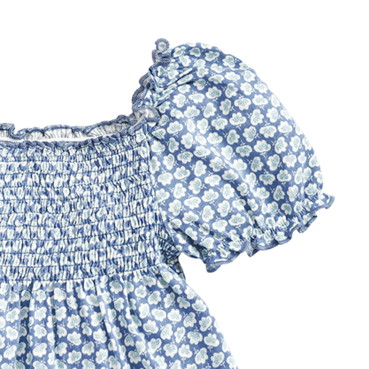 Blue Smocked Puff-Sleeve Romper