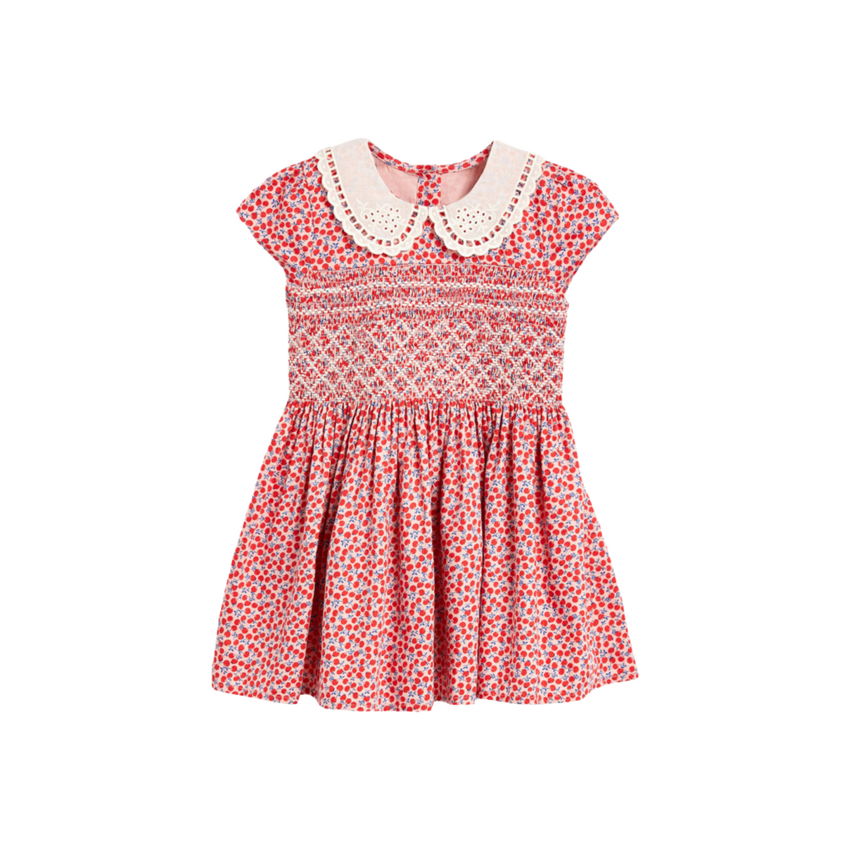 Red Floral Smocked Dress with White Collar
