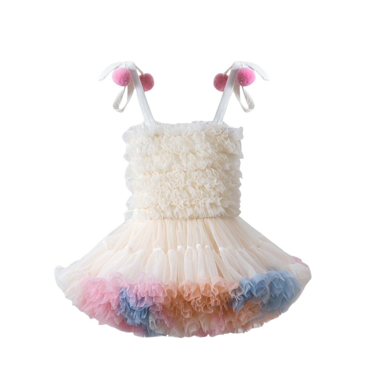 Tiered Ruffle Tulle Dress – Rainbow Cream