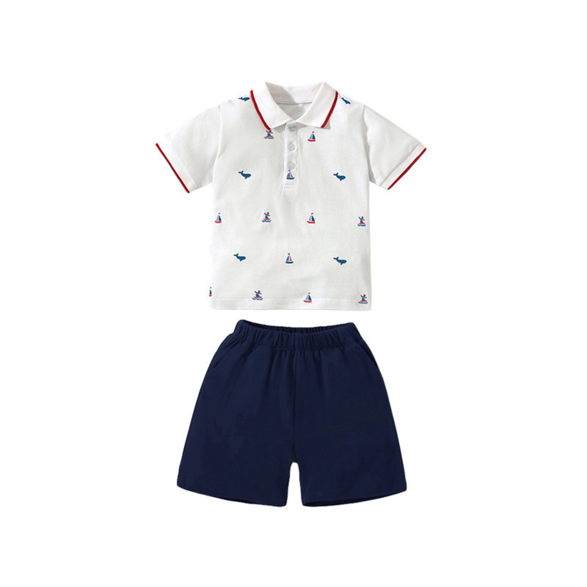 Sailboat Polo and Shorts Set – White and Navy