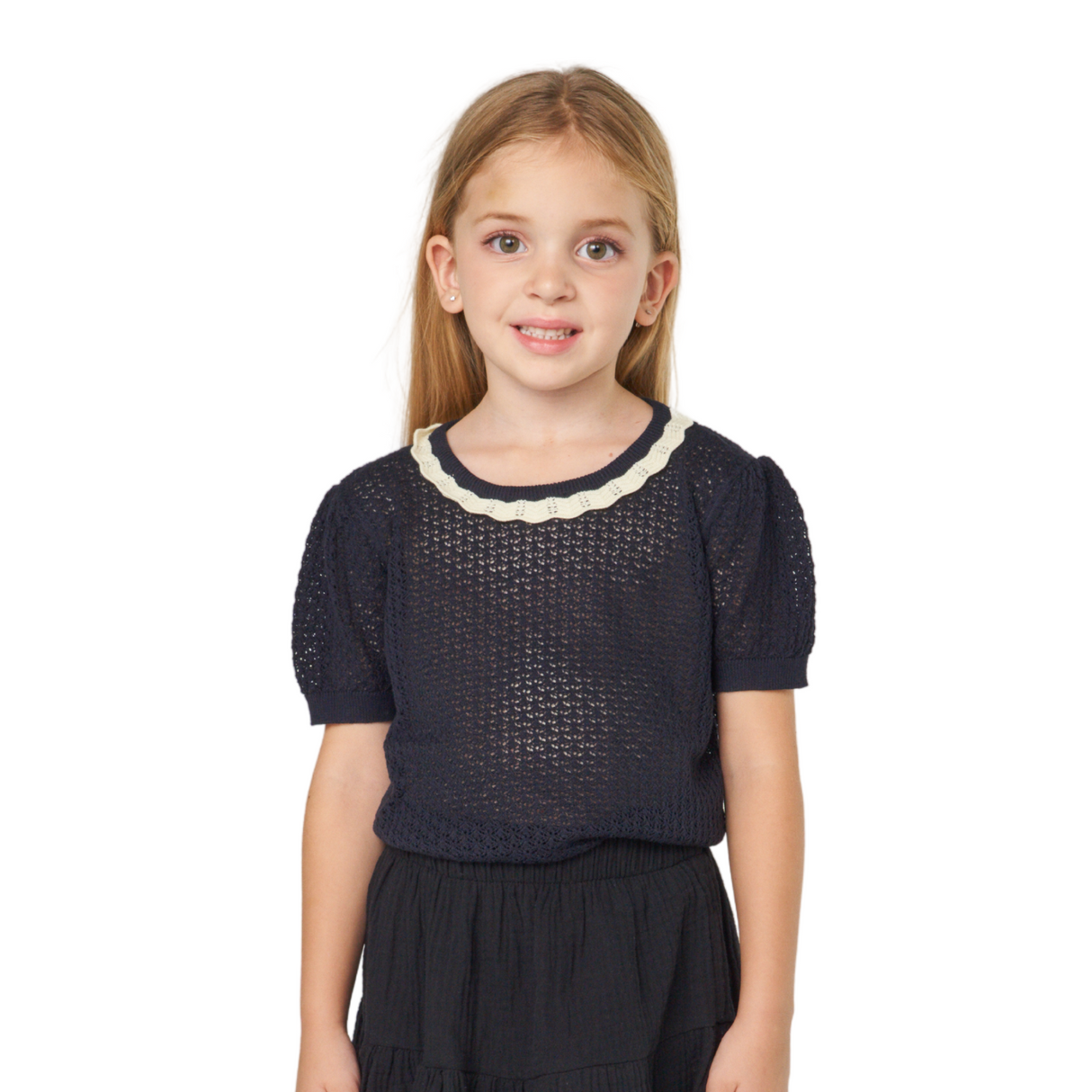 Navy Blue Knit Top with Lace Collar