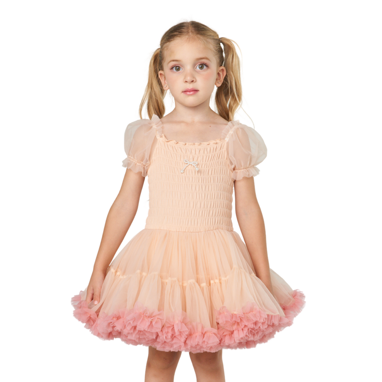 Peachy Tulle Ruffle Dress