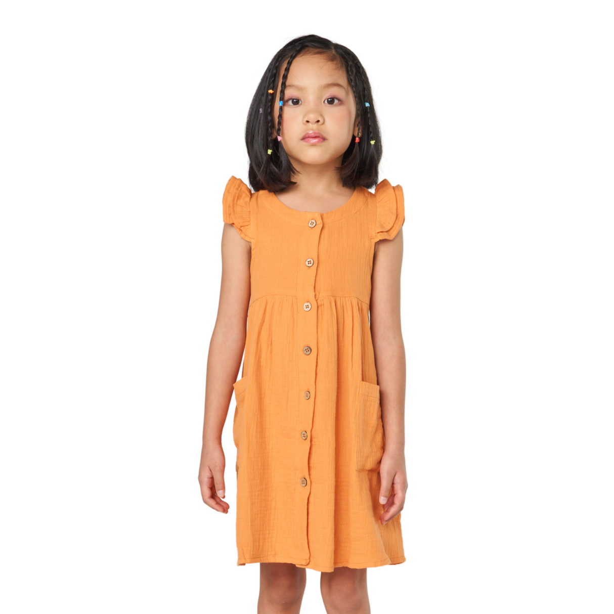 Orange Double Gauze Flutter Sleeve Princess Dress