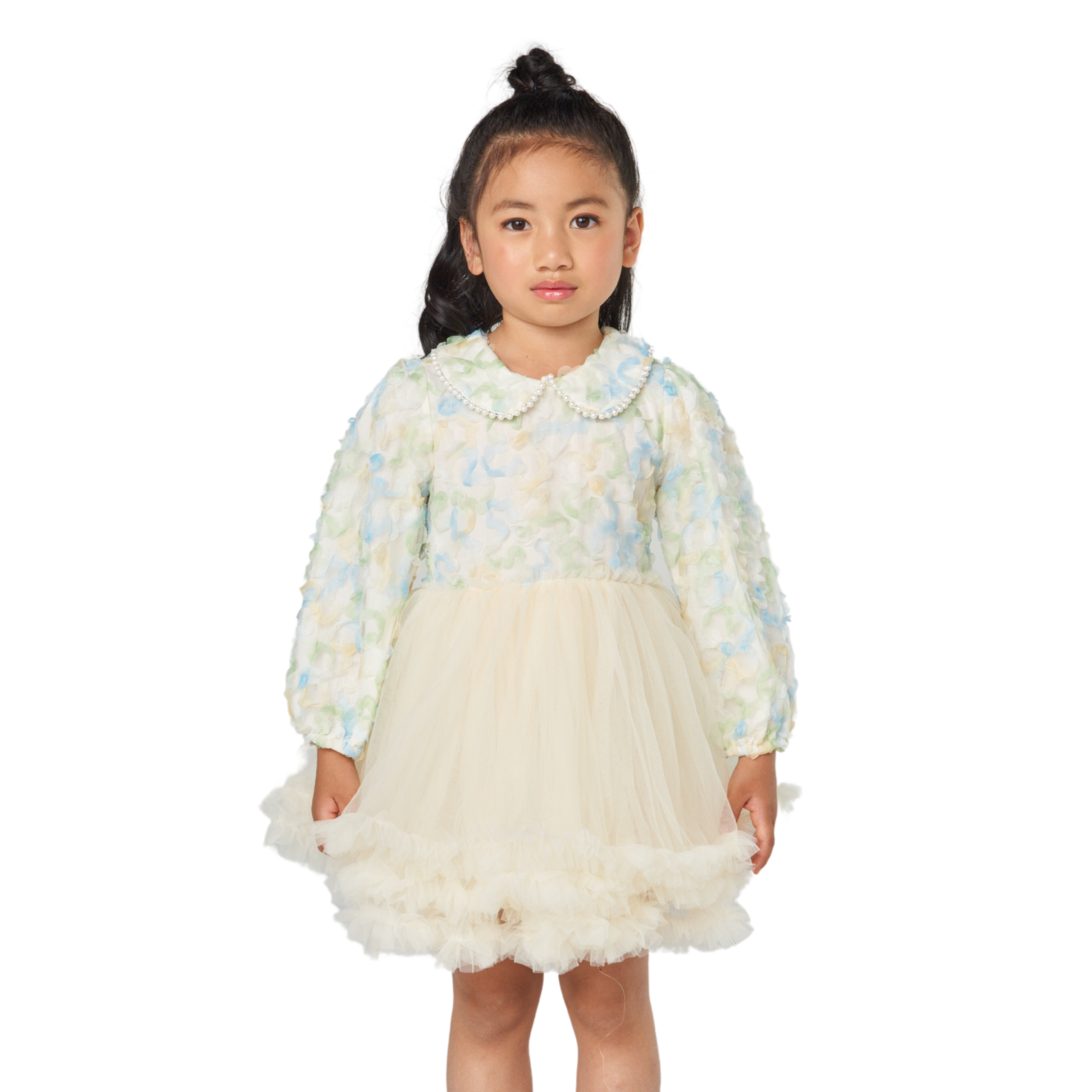 Floral Pearl Collar Tulle Dress – Ivory Bloom – DRIPPI