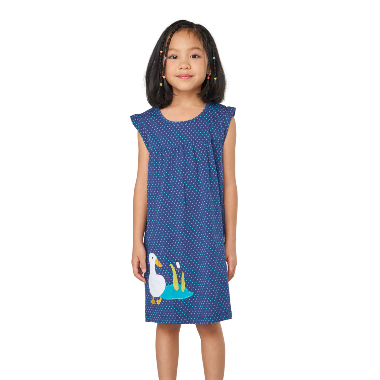 Navy Blue Polka Dot Dress with Duck Embroidery