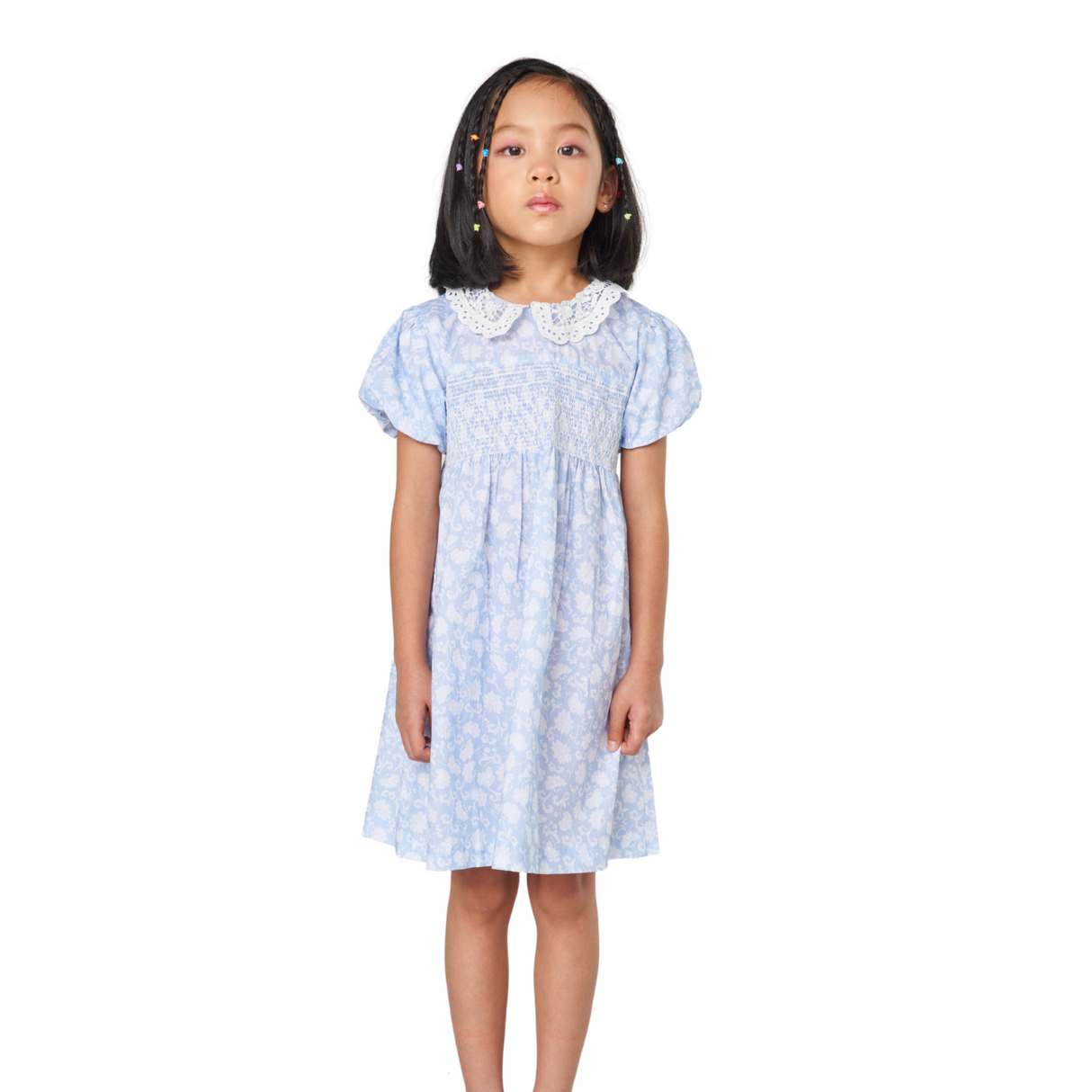 Blue Floral Lace Collar Smocked Dress