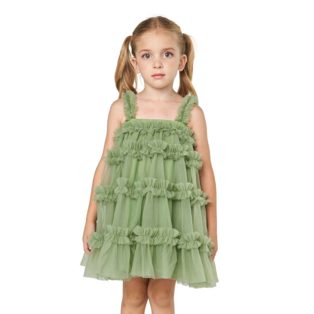 Forest Green Ruffled Tulle Dress