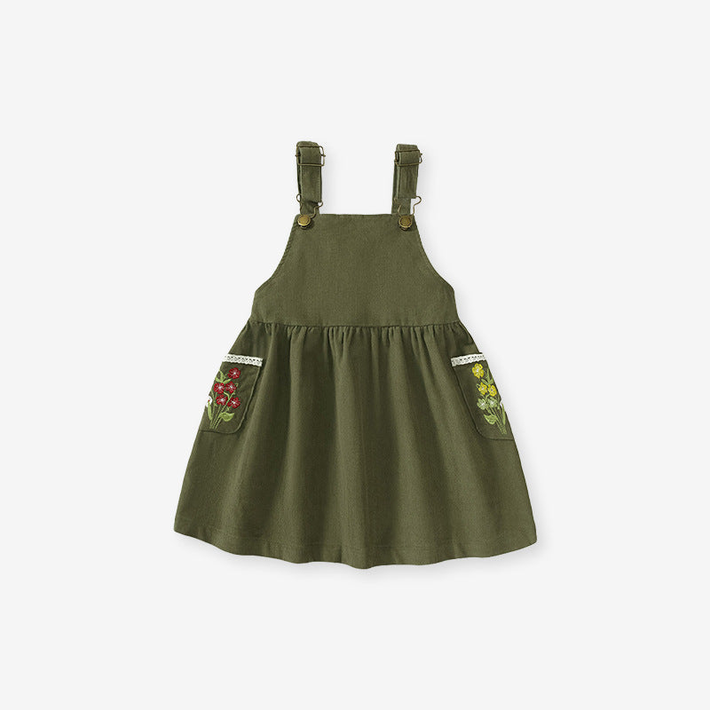 Embroidered Pocket Green Overall Dress