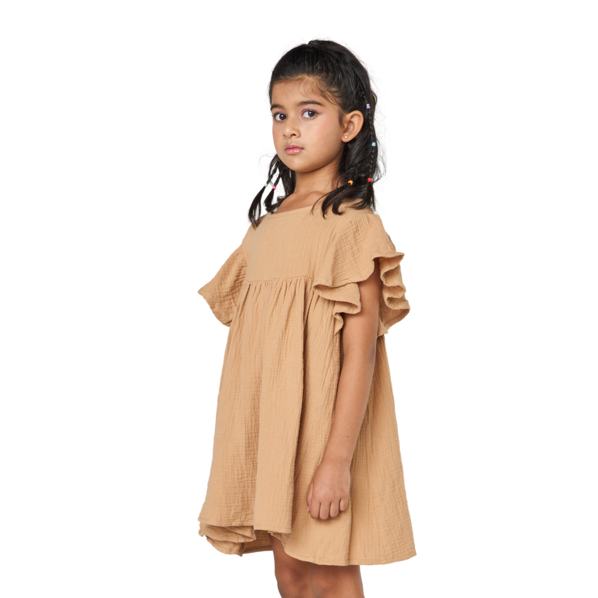 Khaki Cotton Ruffle Sleeve Princess Dress