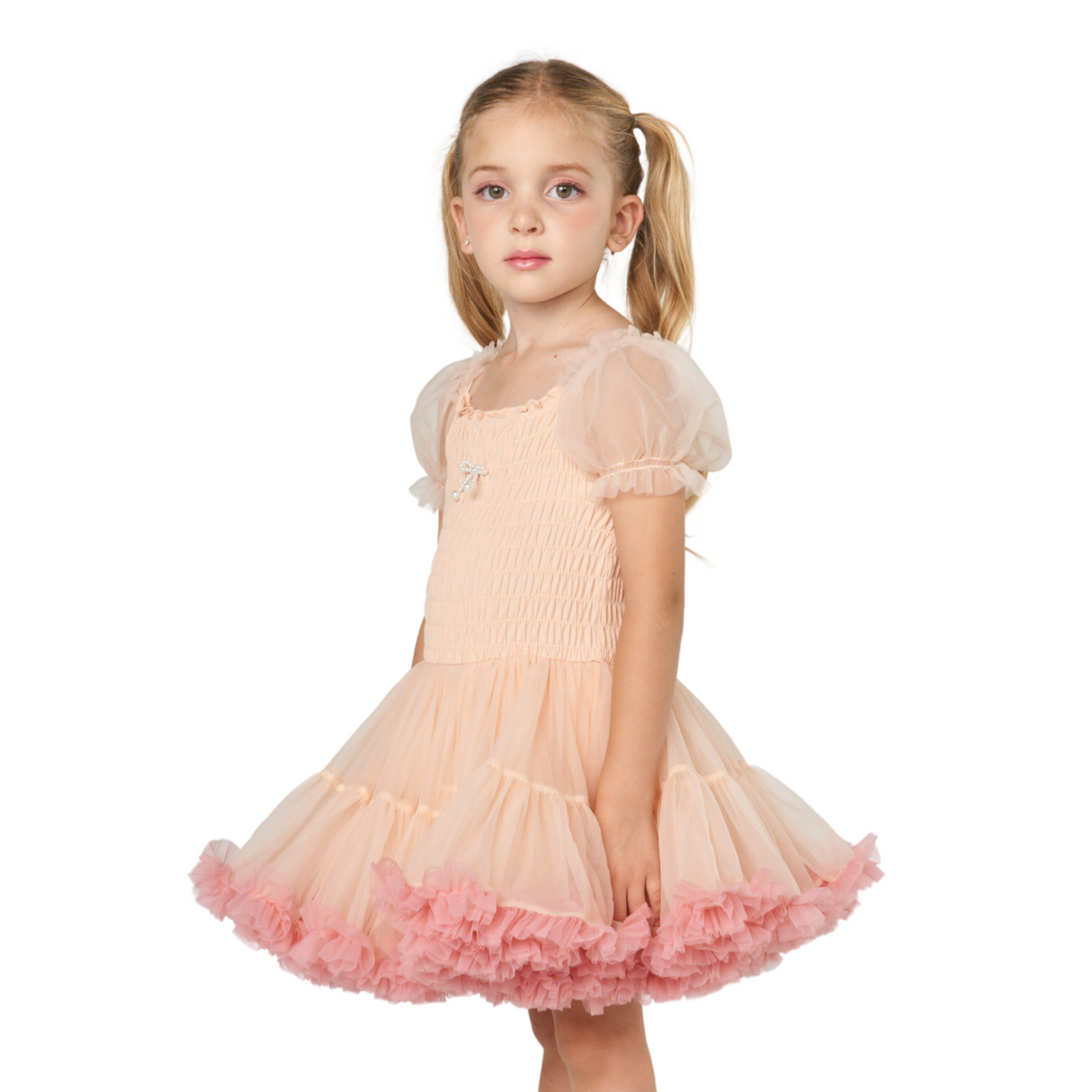 Peachy Tulle Ruffle Dress