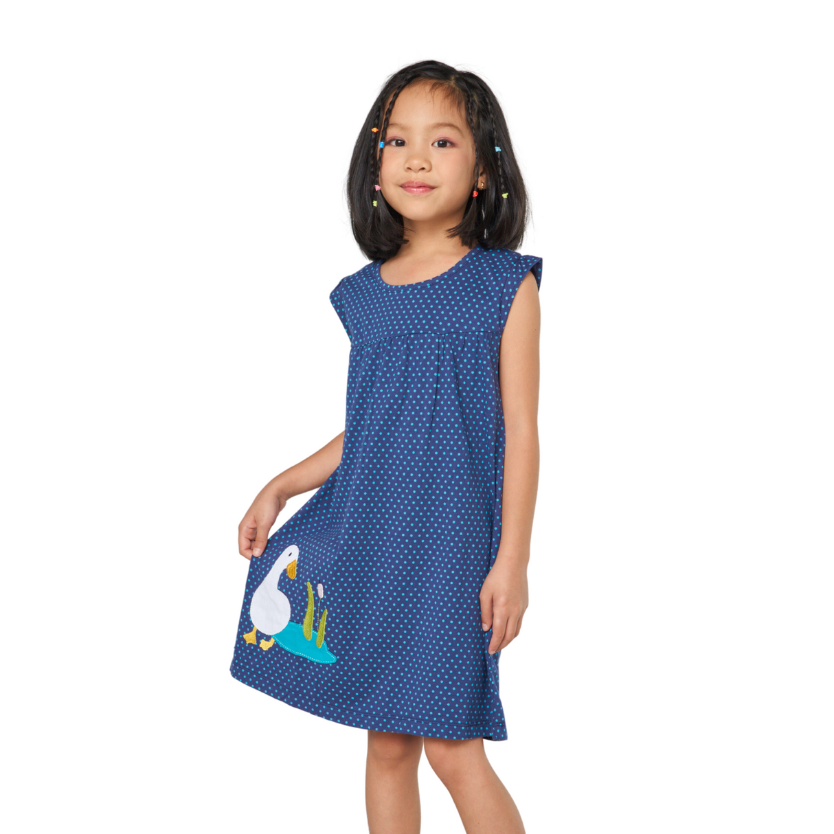 Navy Blue Polka Dot Dress with Duck Embroidery