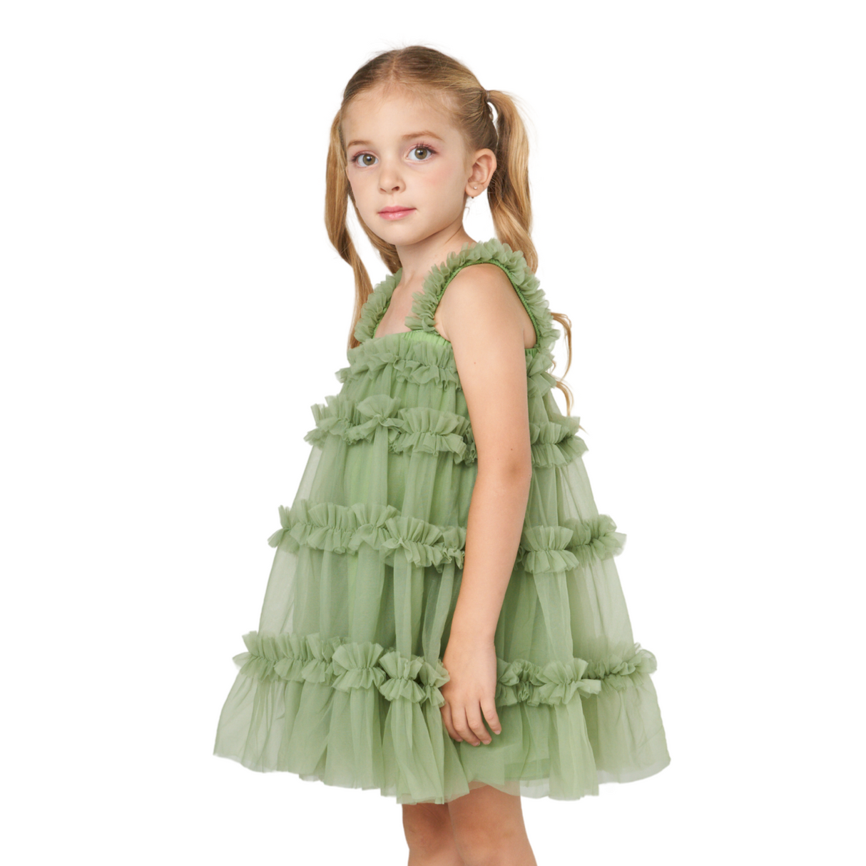 Forest Green Ruffled Tulle Dress