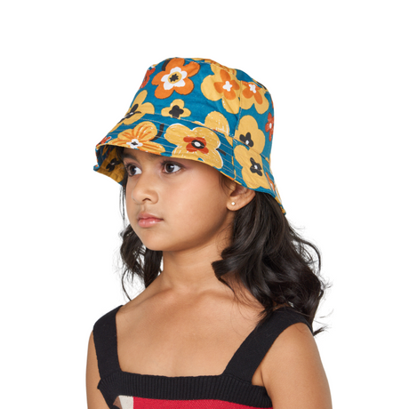 Bucket Hat - Floral Print in Teal and Orange