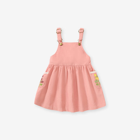 Embroidered Pocket Pink Overall Dress