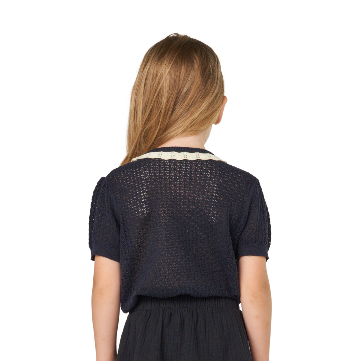 Navy Blue Knit Top with Lace Collar