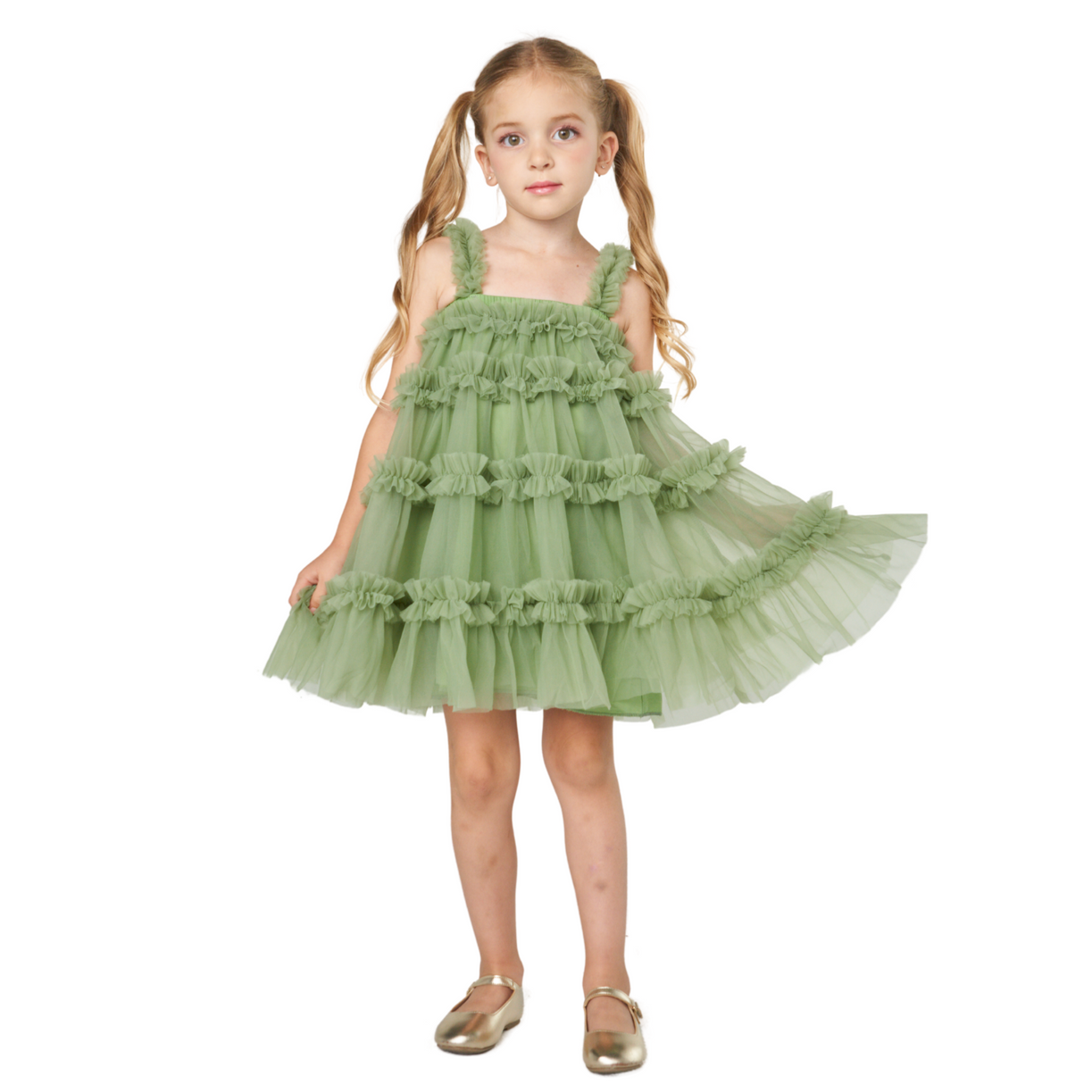 Forest Green Ruffled Tulle Dress