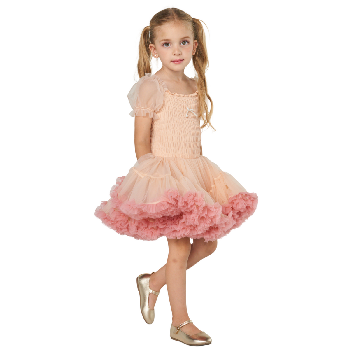 Peachy Tulle Ruffle Dress