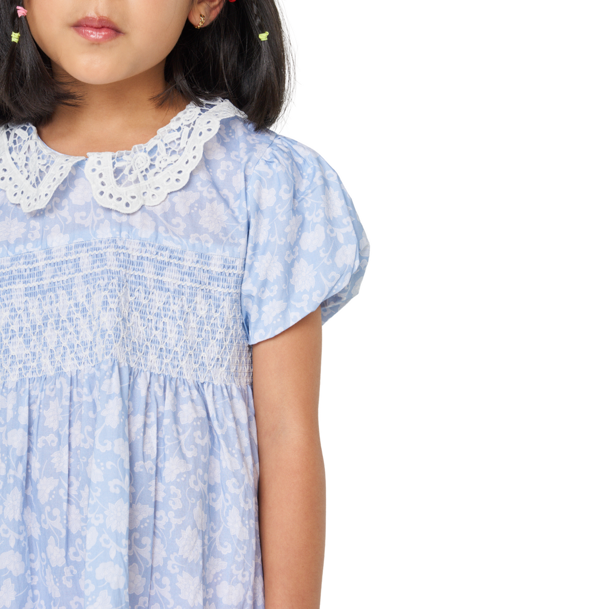 Blue Floral Lace Collar Smocked Dress