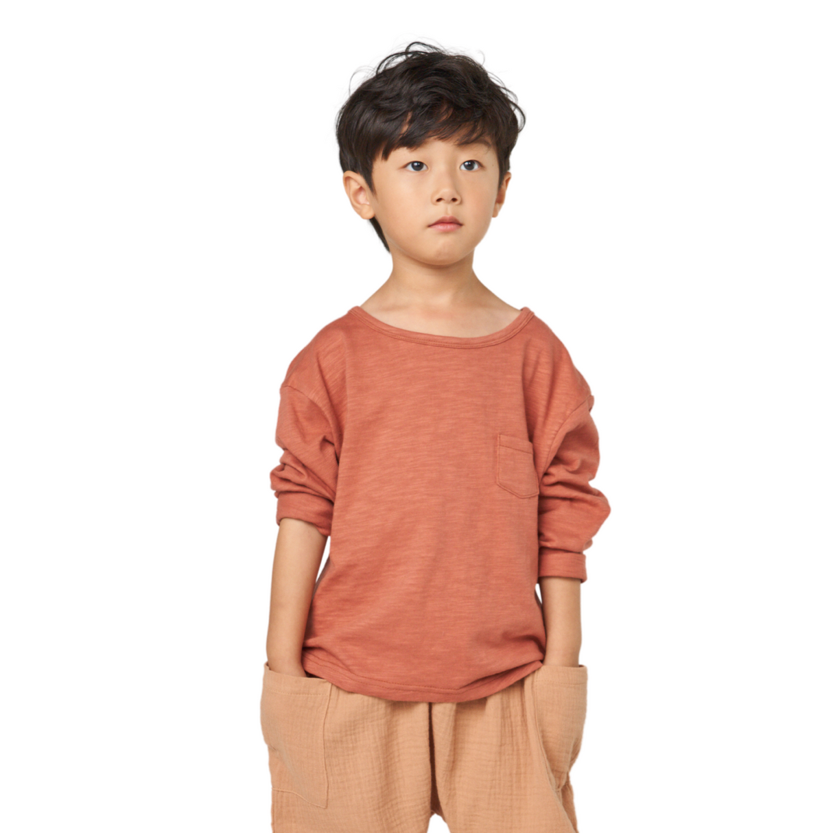 Brick Red Premium Cotton Long Sleeve Loose T-Shirt