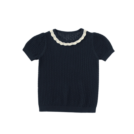 Navy Blue Knit Top with Lace Collar