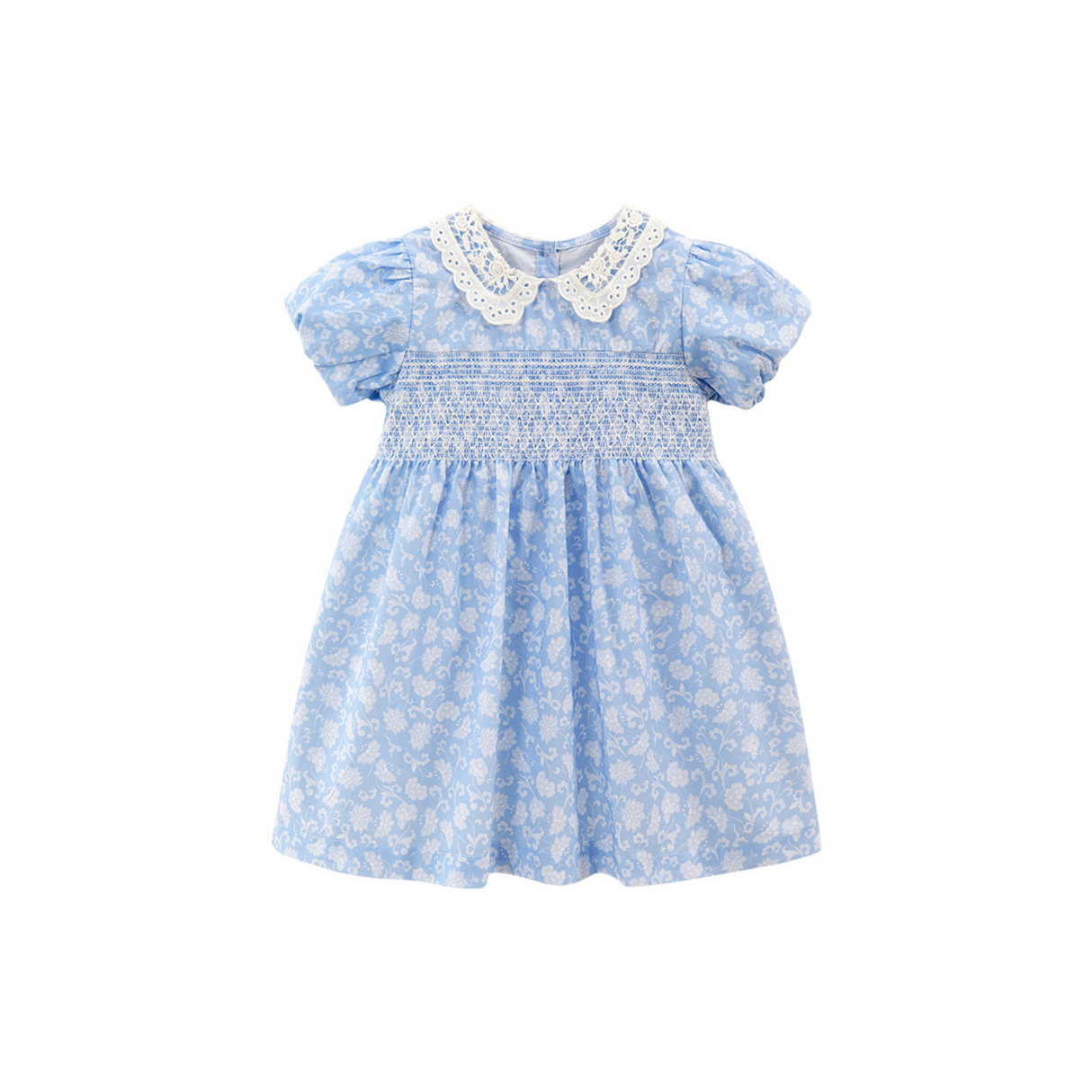 Blue Floral Lace Collar Smocked Dress