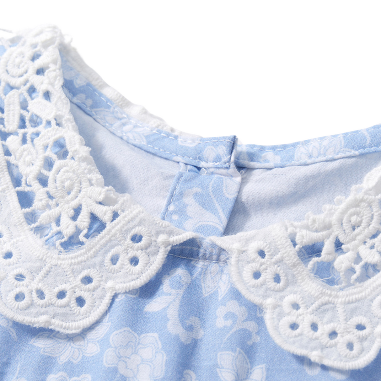 Blue Floral Lace Collar Smocked Dress