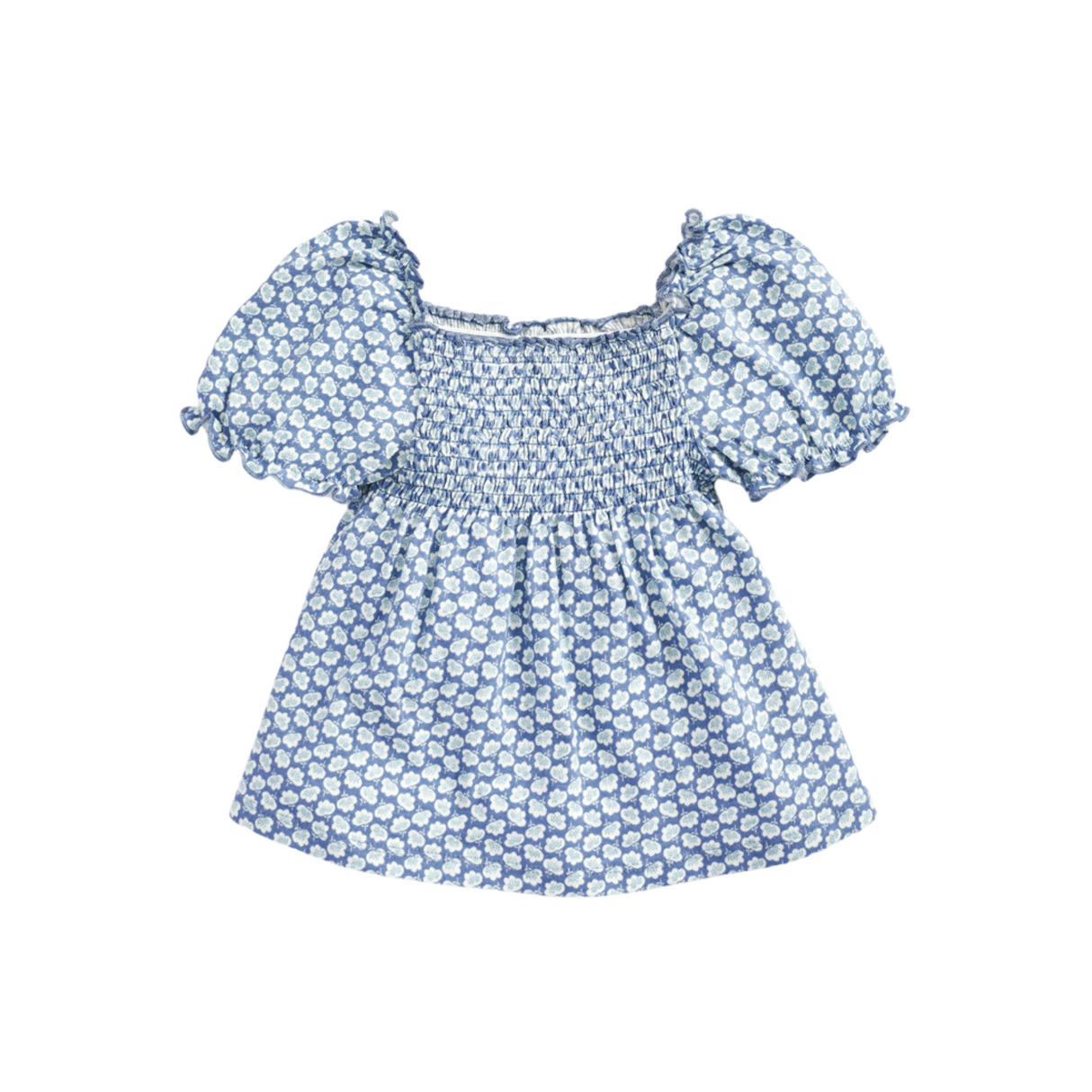 Blue Floral Smocked Puff Sleeve Dress