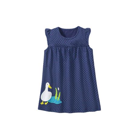 Navy Blue Polka Dot Dress with Duck Embroidery